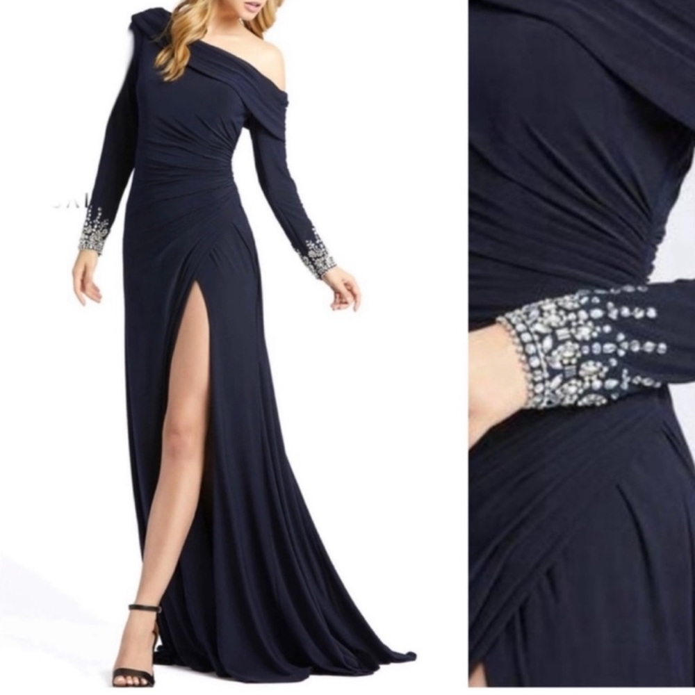 NEW MAC DUGGAL Midnight Navy Blue Asymmetrical Jeweled Evening Gown Size 6 Dress